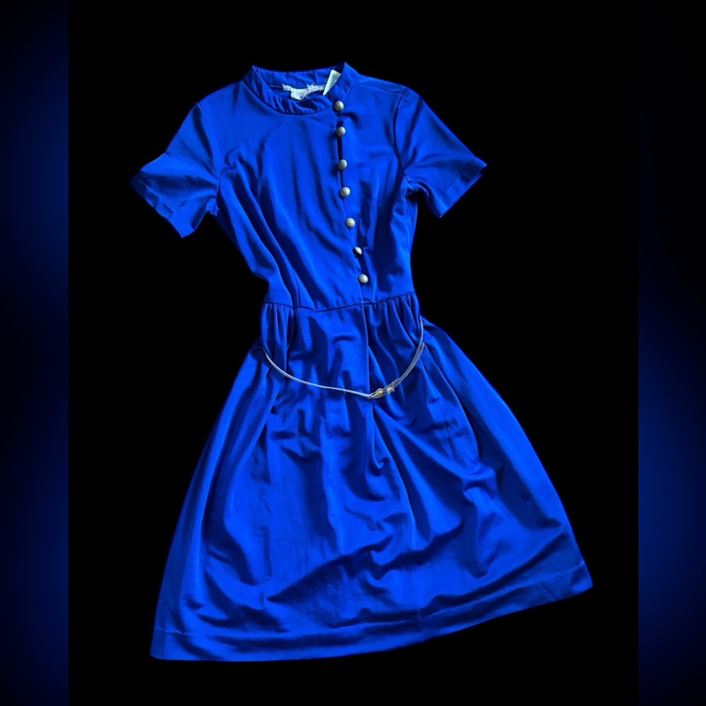 Vintage Chic Royal Blue Midi Dress with Unique Collar and Belt